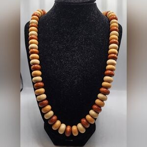 VINTAGE Natural Wood Neutral Brown Tan Cream 24" Bead Necklace
